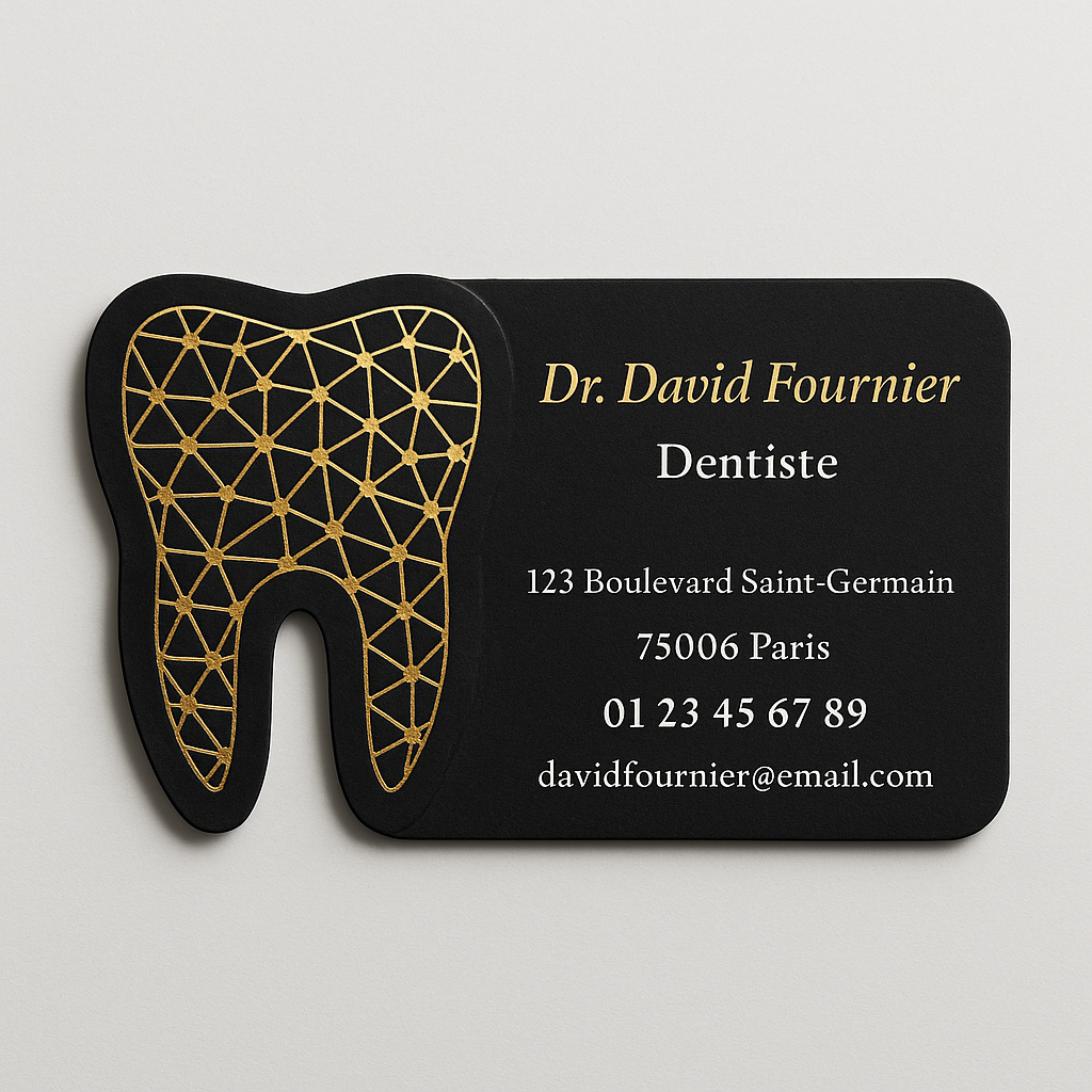 Carte de visite Dentiste avec découpe « Dent » — Dorure Or &amp; Blanc sur Noir