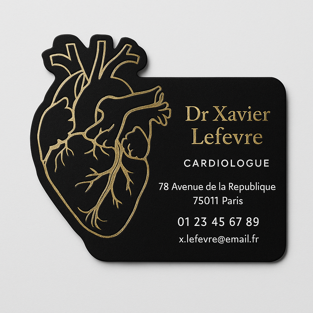 Carte de visite Cardiologue découpée (cœur/ECG) — Finition premium