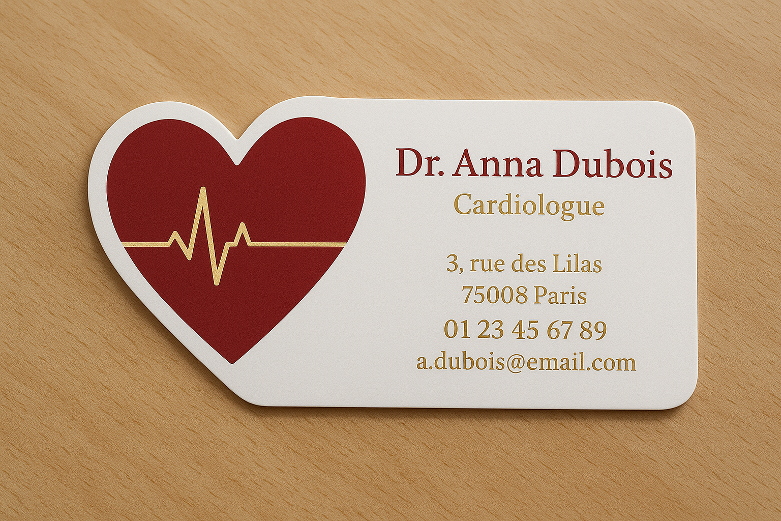 Carte de visite Cardiologue découpée (cœur/ECG) — Finition premium